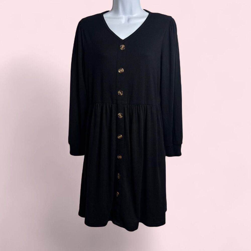NWT Medium Fantaslook Black Button Front Long Sleeve Babydoll Dress